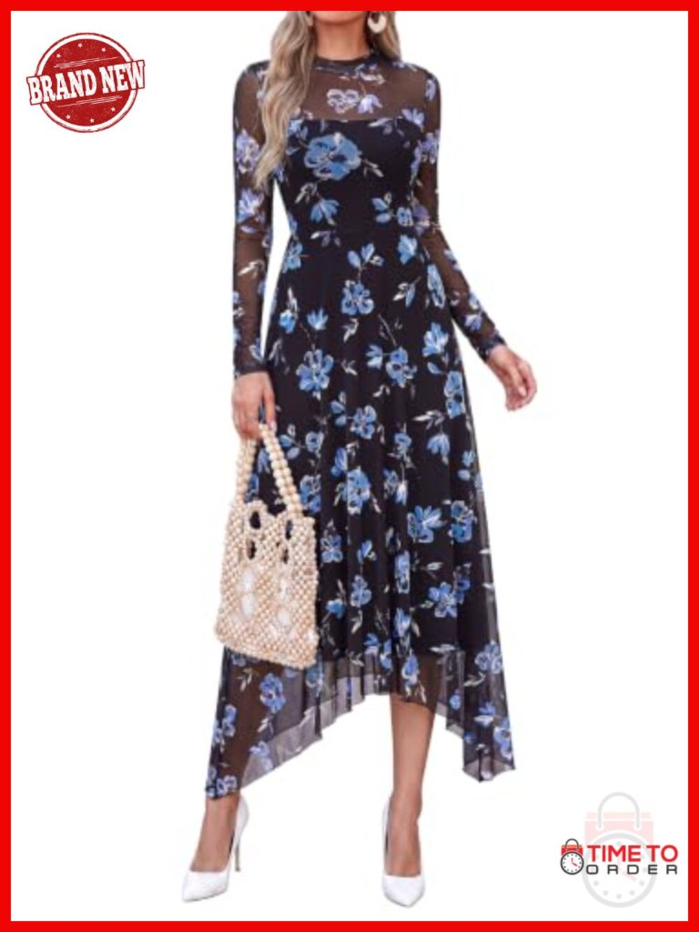 Floral Mesh Midi Dress Mock Neck Long Sleeve A-Line